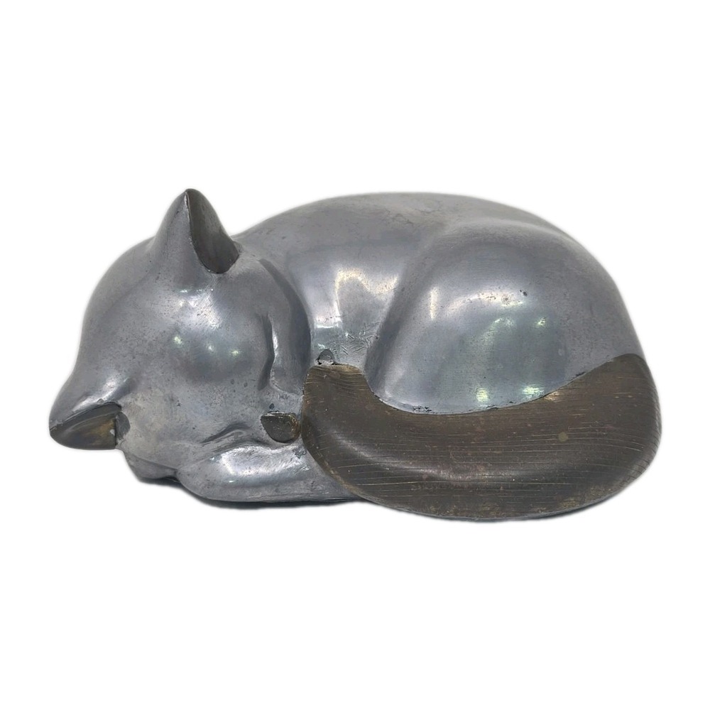 Vintage Two‎ Tone Metal Sleeping Cat Figurine 6" U141